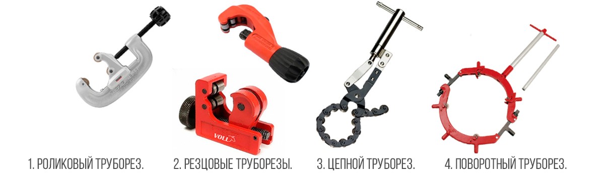 1. Роликовый труборез. 2. Резцовые труборезы. 3. Цепной труборез. 4. Поворотный труборез.